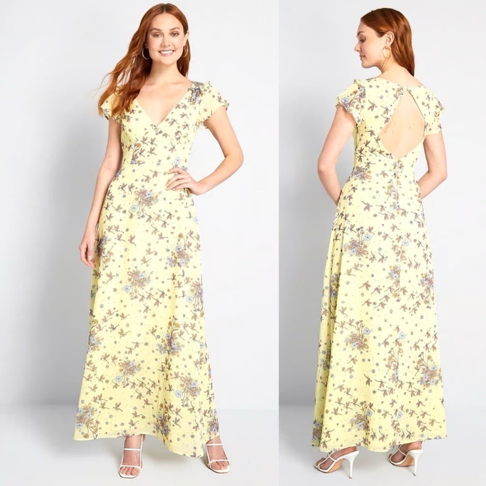 New ModCloth You're Flowing Places Maxi Dress Yellow Floral Critters